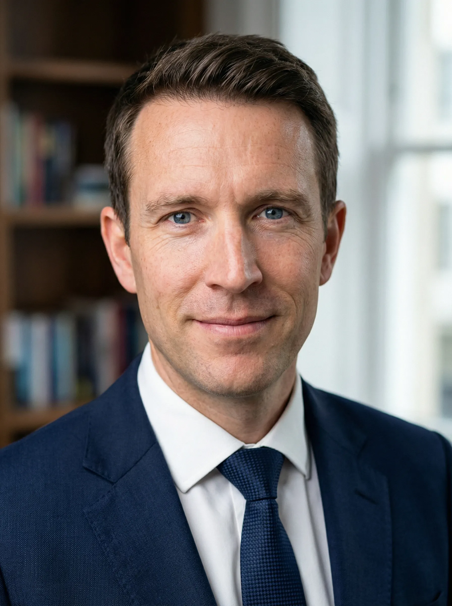 AI LinkedIn headshot — man in a navy suit and blue tie in an office with bookshelves